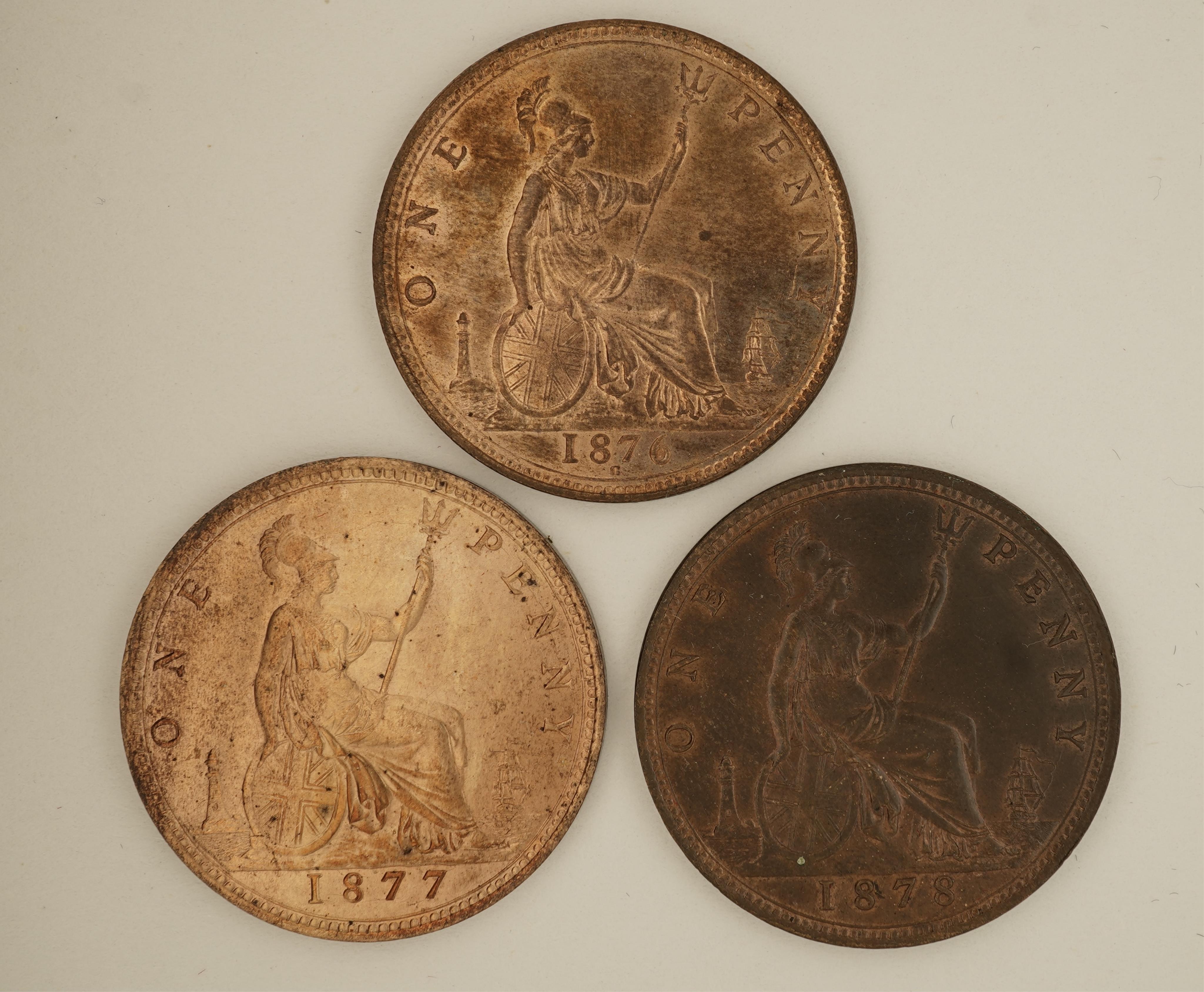 British coins, Victoria, three bronze pennies;, 1876, H below small date, Fr. 89, Gouby dies L/m, good EF, much lustre, 1877, Fr. 91, Gouby dies L/k, spotting and die clash to obv. otherwise crisply struck near UNC, much